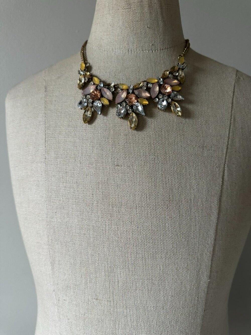 Pink Opal Crystal Statement Bib Necklace Antique Gold Tone Rhinestone Cluster